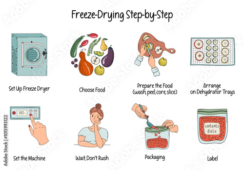 Freeze-Drying stages. Timeline infographic of home preserving process. Home canning, food preservation concept. Hand drawn doodle style vector illustration.
