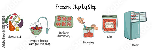 Freezing stages. Timeline infographic of home preserving process. Home canning, food preservation concept. Hand drawn doodle style vector illustration.
