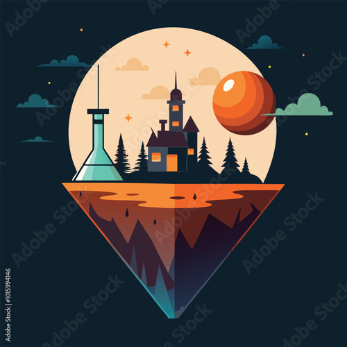 Halloween-themed science illustration featuring spooky lab, potion, and chemistry elements. Ideal for educational, science, and festive Halloween projects.