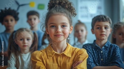 A group of children in a classroom, with one girl in the front looking directly at the camera and smiling.
