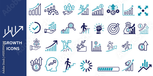 Growth Icon Set. Growth icon pack. Grow, performance, increase, gain, improvement, chart, evolution, development, and more icons, Vector illustration.