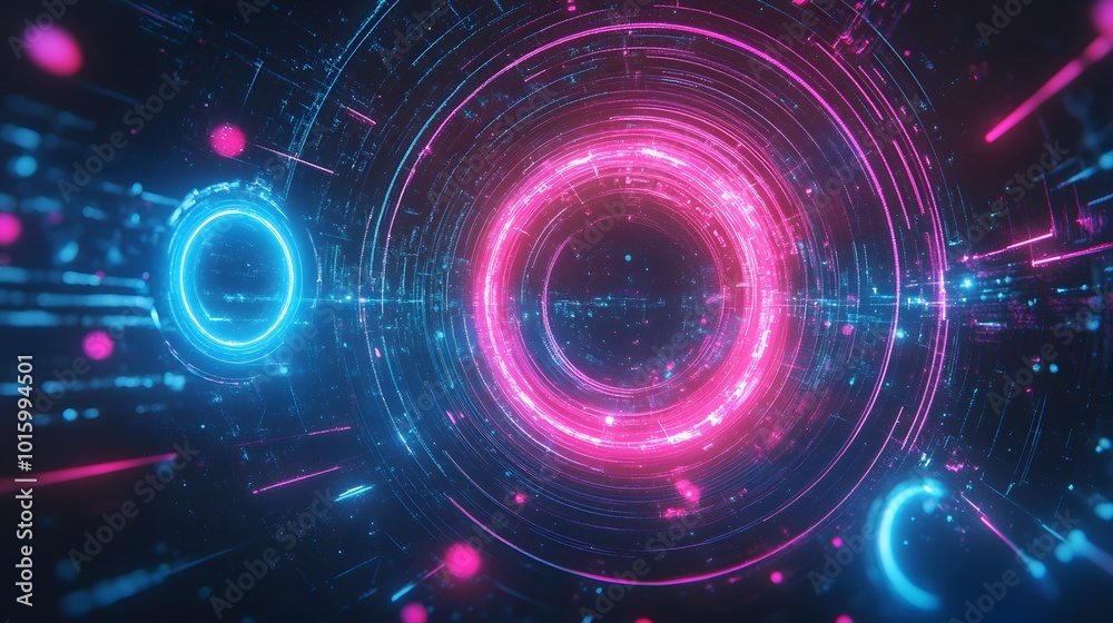Dark retro futuristic cyberpunk elements abstraction background cosmos synthwave vaporwave retrowave glitch circle with blue and pink glows. Dark retro futuristic cyberpunk elements abstraction background cosmos synthwave vaporwave retrowave glitch circle with blue and pink glows.