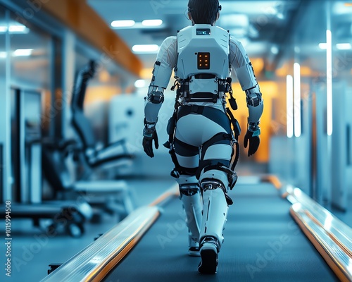 Patient in an advanced exoskeleton, walking on a treadmill in a stateoftheart rehabilitation facility, reflecting progress in physical therapy and technological engineering photo