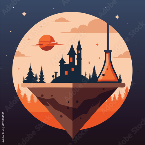 Halloween-themed science illustration featuring spooky lab, potion, and chemistry elements. Ideal for educational, science, and festive Halloween projects.
