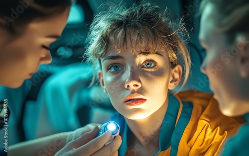 Young car crash victim being inspected by ambulance medical staff, including a Caucasian doctor and female paramedic, using a flashlight to check the eyes during safety checks photo