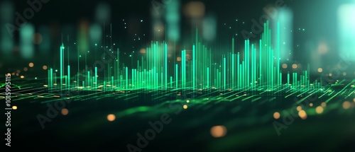 Bar charts in green color illustrating fluctuations for positive ecoinvesting in the stock market, representing green investment banking trends photo