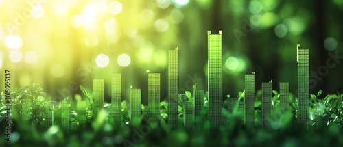 Bar charts in green color illustrating fluctuations for positive ecoinvesting in the stock market, representing green investment banking trends photo