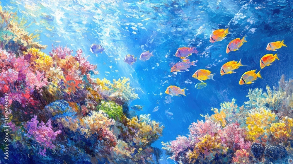 Naklejka premium Vibrant coral gardens in the ocean, schools of fish swimming by. Ample room for copy in the background.