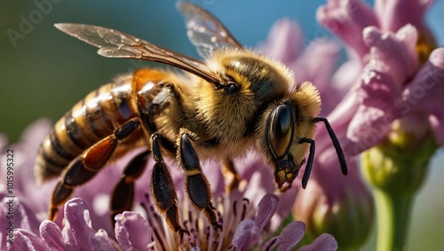 Wallpaper Mural close-up of a bee perched on a purple flower, showcasing its detailed fuzzy body, compound eyes, and delicate wings. The flower's petals and central disc are vividly captured, highlighting the bee's r Torontodigital.ca