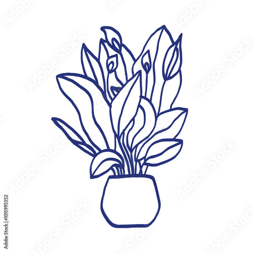 Potted peace lily sketch. Vector indoor flower in a pot. Doodle black and white outline illustration of a plant