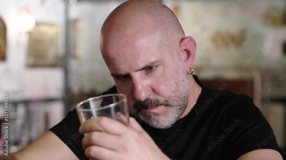 A bald man at a pub counter looks hesitantly at his whiskey before drinking it, trying to forget his problems, capturing a moment of personal struggle. A bald man at a pub counter looks hesitantly at his whiskey before drinking it, trying to forget his problems, capturing a moment of personal struggle.