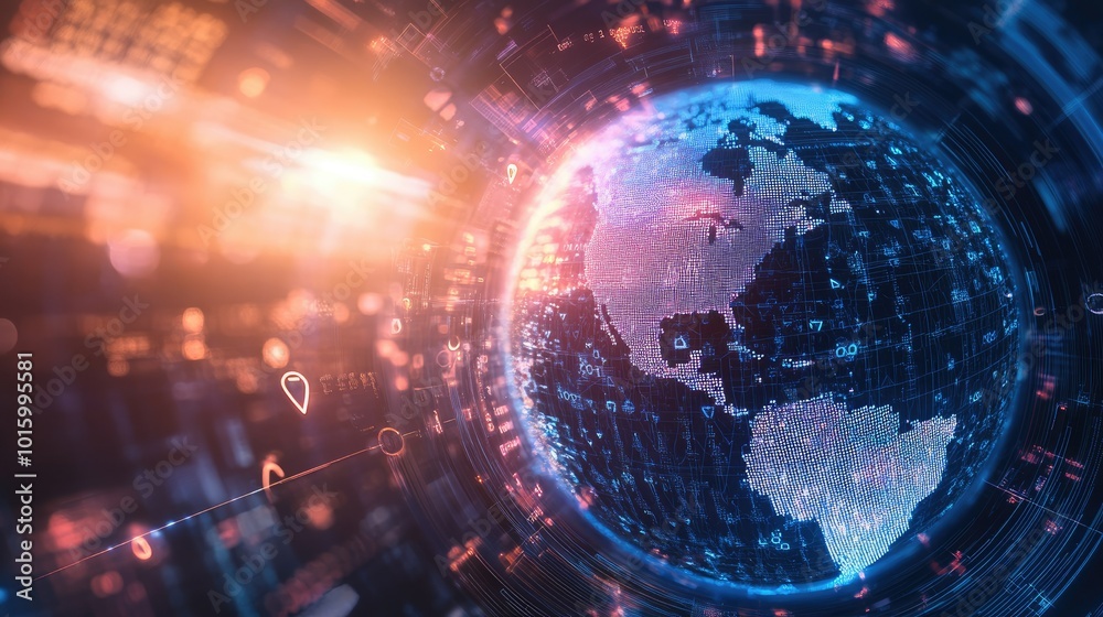 Obraz premium A globe surrounded by encryption symbols on a futuristic digital background. Copy space available.