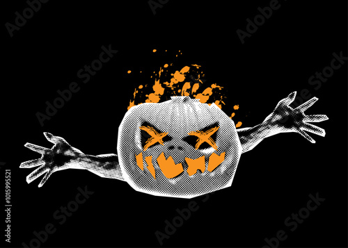 halloween scary trendy pumpkin with hands in retro halftone style for collage