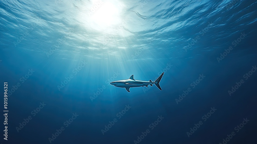 Fototapeta premium A lone shark swimming through the deep blue sea, with space for text on the vast water background.