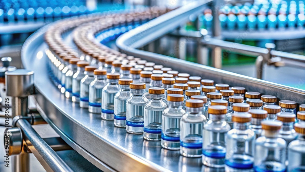 Close-up of vaccine vials on conveyor belt in pharmaceutical plant, vaccine, vials Close-up of vaccine vials on conveyor belt in pharmaceutical plant, vaccine, vials