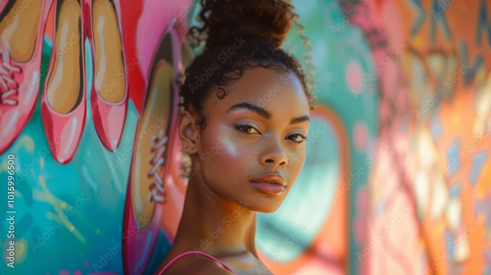 Fototapeta premium Young Woman Posing Against Colorful Mural with Pink Shoes. Natural Beauty and Colorful Background.