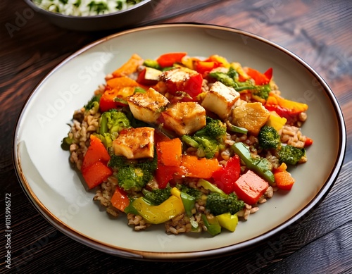 Close-up of healthy diet meal with grilled tofu sautéed vegetables and brown rice in vibrant colors 