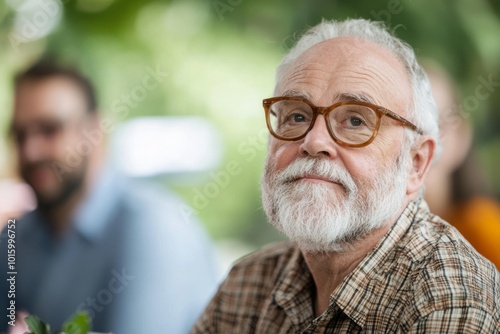 Retiree giving a speech to thank everyone at their party. Friends and colleagues listen attentively and nod in agreement, Generative AI  photo