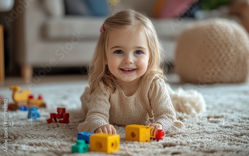 Fullbody image of a cheerful 3yearold girl in a light beige outfit, playing with toys on the living room carpet photo