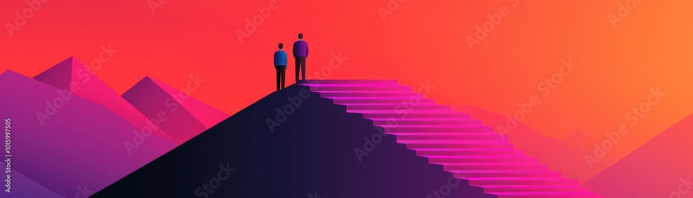 Two figures stand atop a vibrant, geometric mountain against a striking gradient sky, symbolizing achievement and exploration. Two figures stand atop a vibrant, geometric mountain against a striking gradient sky, symbolizing achievement and exploration.