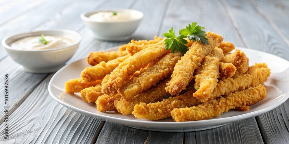 Crispy breaded clam strips on a white plate, seafood, appetizer, fried, delicious, meal, dinner, gourmet, crispy, crunchy Crispy breaded clam strips on a white plate, seafood, appetizer, fried, delicious, meal, dinner, gourmet, crispy, crunchy