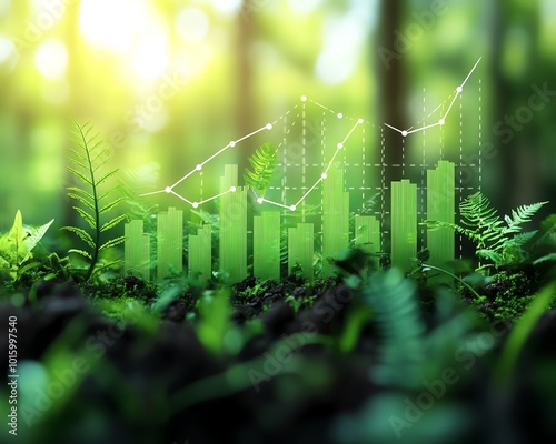 Greencolored bar charts depicting fluctuations in ecoinvesting, illustrating positive trends in stock market and green investment banking photo