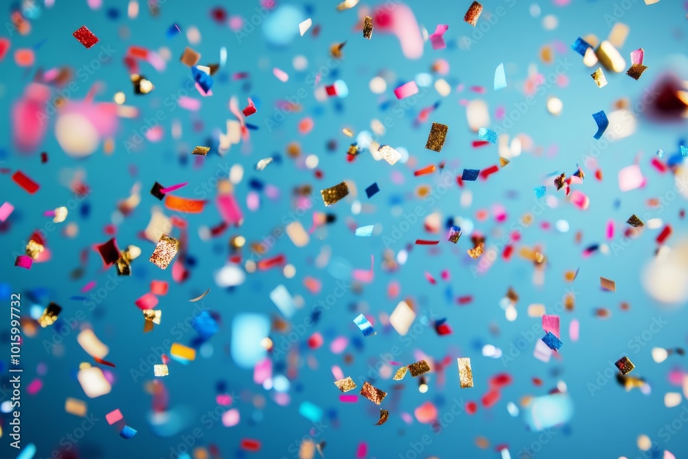 Colorful Confetti Falling on Blue Background Colorful Confetti Falling on Blue Background