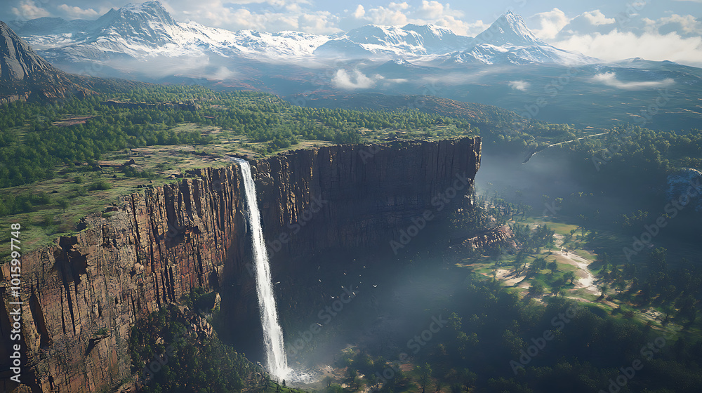 Fototapeta premium View of a landscape. a steep stone ridge cuts through the scene, with thick woods above and plains below. a slender waterfall spills down the face of the ridge. 