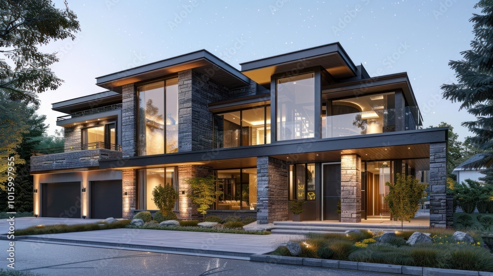 Fototapeta premium Modern Stone and Glass Home with Twilight Sky and Lush Landscaping