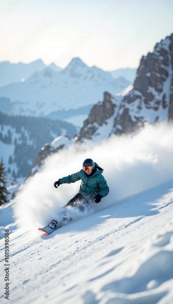 Snowboarder carving through fresh powder snow on a mountain slope with stunning peaks in background Snowboarder carving through fresh powder snow on a mountain slope with stunning peaks in background