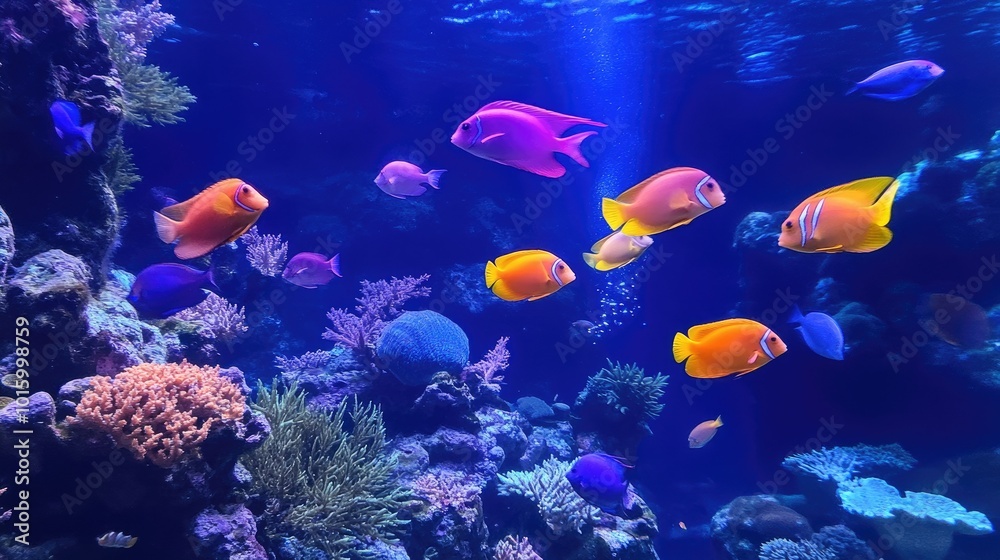 Naklejka premium A school of vibrant fish swimming through a coral reef. Room for text in the blue water.