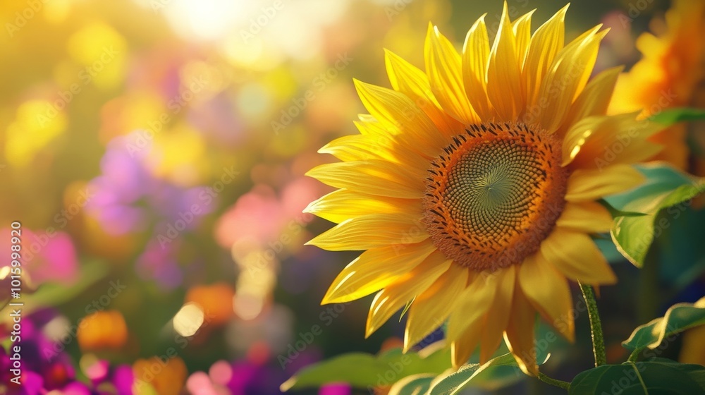 Naklejka premium A vibrant close-up of a sunflower among colorful flowers under warm sunlight