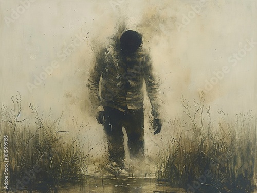 Silhouette of a Man Walking Through Fog and Grass photo