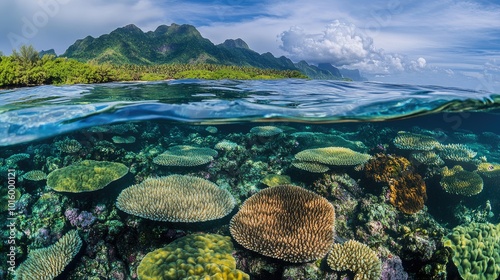 A vibrant coral reef teeming with life. Plenty of room for copy in the surrounding clear water.