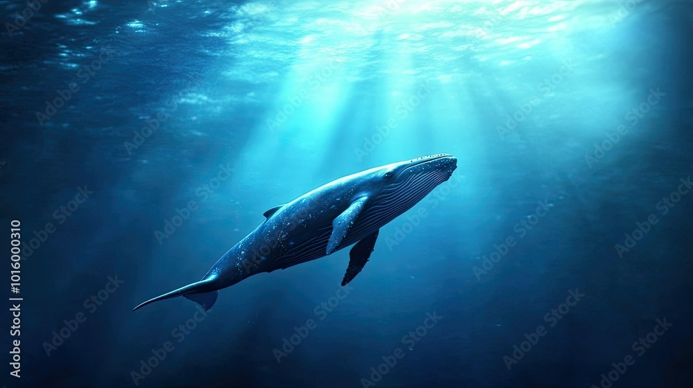 A whale swimming gracefully through the ocean depths. Copy space available in the water. A whale swimming gracefully through the ocean depths. Copy space available in the water.