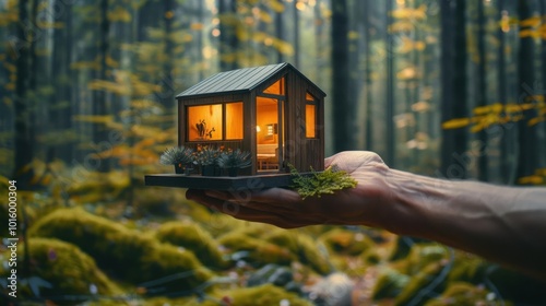 Hand offering a tiny house model, depicting minimalist living, copy space, sustainable lifestyle, dynamic, Fusion, forest backdrop