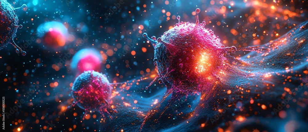 Detailed image of cancer cells under a microscope, representing cuttingedge diagnostic techniques and treatment strategies, high resolution, scientific precision Detailed image of cancer cells under a microscope, representing cuttingedge diagnostic techniques and treatment strategies, high resolution, scientific precision