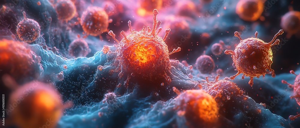 Detailed image of cancer cells under a microscope, representing cuttingedge diagnostic techniques and treatment strategies, high resolution, scientific precision Detailed image of cancer cells under a microscope, representing cuttingedge diagnostic techniques and treatment strategies, high resolution, scientific precision