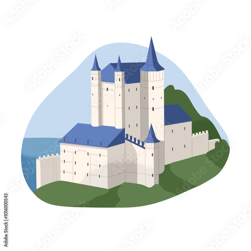 Medieval kingdom on mountain. Ancient castle, royal fort with big towers, stone walls. Fortress, historical chateau, building of old city. Flat isolated vector illustration on white background