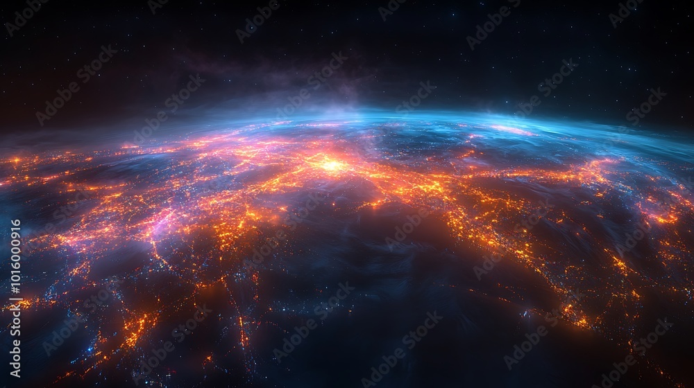 Earth at night with glowing city lights and swirling clouds, seen from space. Earth at night with glowing city lights and swirling clouds, seen from space.