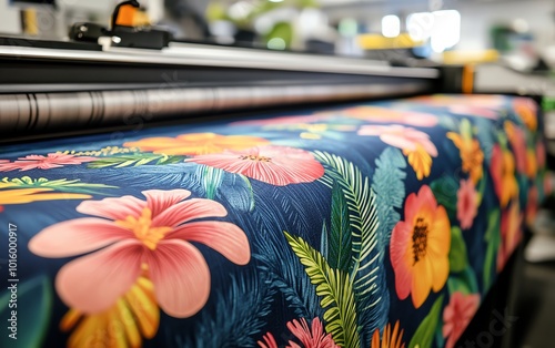 Fabric being printed with bright floral designs by a sublimation printer, highlighting DTF technology and detailed textile patterns, highquality image