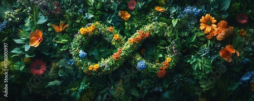 Highresolution image of infinity symbol surrounded by colorful flowers and lush greenery, symbolizing sustainable biofuel production and ecofriendliness photo