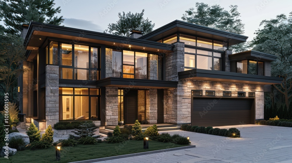 Modern Stone and Wood House with Evening Lighting Modern Stone and Wood House with Evening Lighting