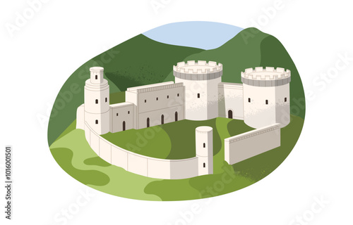 Medieval fortress with stone walls, towers. Ancient castle in green mountain landscape. Chateau, royal stronghold, fort. Old kingdom city with buildings. Flat isolated vector illustration on white