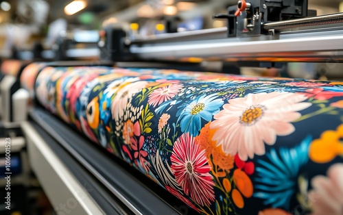 Sublimation printer featuring vibrant floral patterns on fabric, showcasing cuttingedge DTF technology and textile design, highdetail and vivid photo