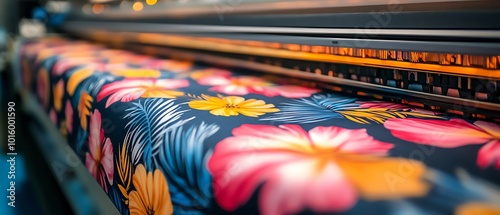 Sublimation printer printing vibrant floral patterns on fabric, showcasing DTF technology for textile design, highresolution and detailed photo