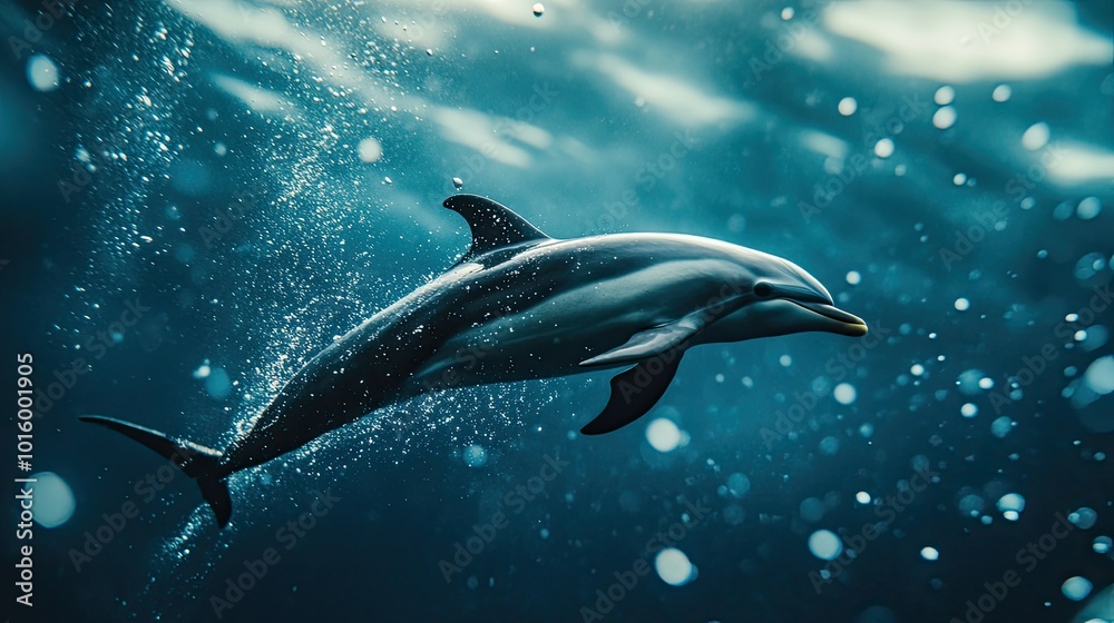 Fototapeta premium Close-up of a dolphin diving underwater with bubbles. Clear space for text in the surrounding blue.