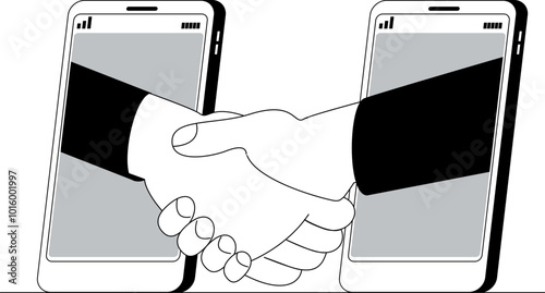 Strong handshake online. Vector illustration on the theme of making a deal and dating online. Two hands shake each other from different phones.