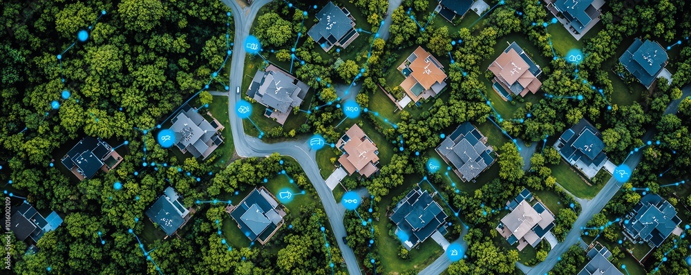 Aerial view of property plots with marked locations and connecting lines, depicting comprehensive property mapping, highresolution and detailed