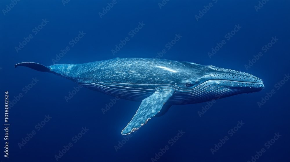 Naklejka premium A humpback whale swims gracefully through the deep blue ocean, its massive body illuminated by the sunlight filtering through the water.
